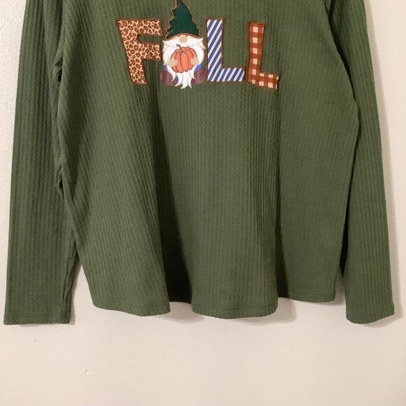 Green Autumn Fall Waffle Knit Pumpkin Gnome Oversized Long Sleeve Top 14/16W - Picture 3 of 8